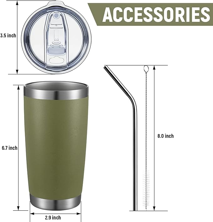 COMOOO 20oz Double Wall Vacuum Insulated Travel Mug, Stainless Steel Tumbler with Lid and Straw Durable Powder Coated Insulated Coffee Cup for Cold & Hot Drinks（Army Green, 6 Pack）