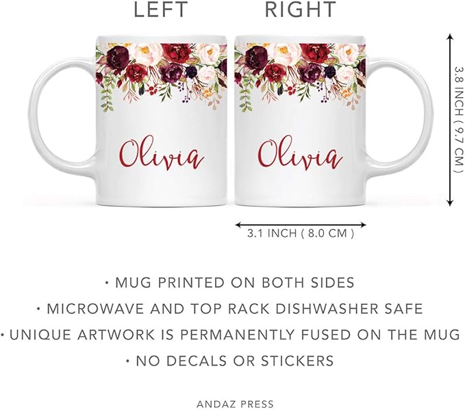 Andaz Press Personalized 11oz. Wedding Ceramic Coffee Tea Mug Bridesmaid Gift, Fall Autumn Marsala Burgundy Flowers Roses Florals, Olivia, 1-Pack, Includes Gift Box, Custom Name