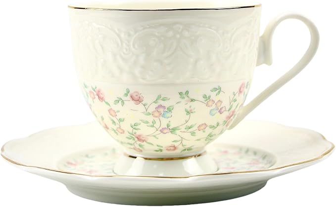 TATSUMI Interglio Embossed Bone China Tea Cup and Saucer Set, 3 Pieces Vintage Style Coffee Cup & Saucer Set For Women Wedding Gift (Starlight Pink, 1 set)