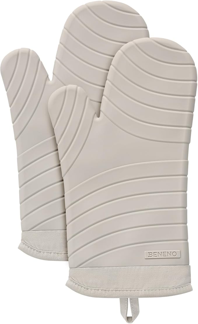 Beneno Oven Mitts, Heat Resistant BPA-Free Soft Silicone Oven Mitts 2-Pack, Waterproof Non-Slip Flexible Oven Gloves with Comfort Cotton Lining, Durable Kitchen Mitt Set for Baking Grill, 7"x13" Beige