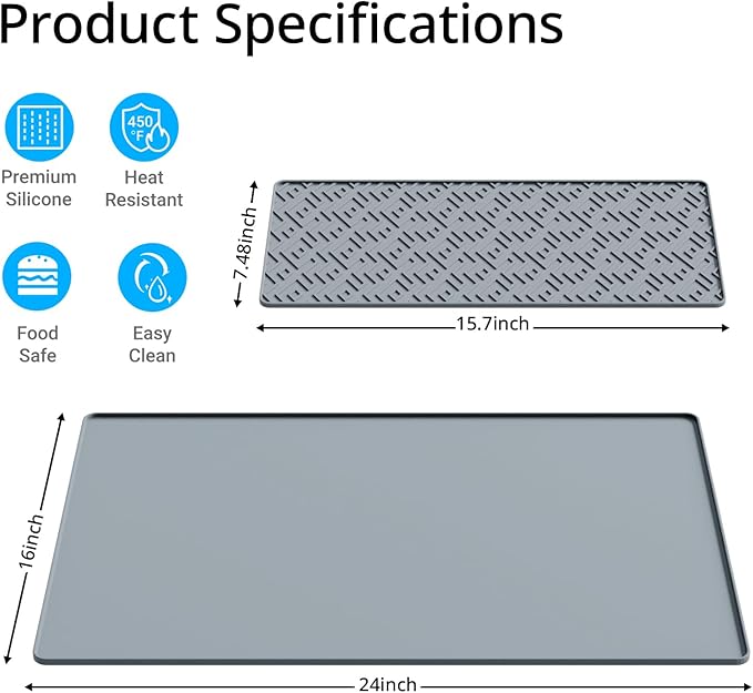 Silicone Coffee mat 24''x16'' – Non-Slip Bar Mat with Detachable Drying Layer for Espresso Machines, Countertops & Dish Racks