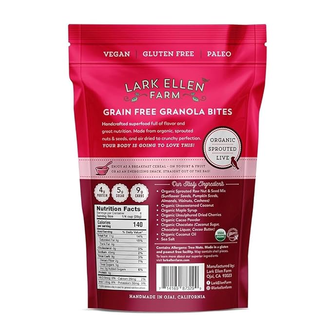 Lark Ellen Farm Cacao Cherry Grain-Free Granola Clusters, Organic Vegan Nut and Seed Mix, Gluten-Free Crunchy Bites for Snack, Breakfast, or Yogurt, 8 oz, 6 pack