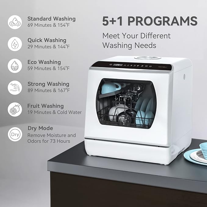 Hermitlux Countertop Dishwasher, 5 Washing Programs Portable Dishwasher With 5-Liter Built-in Water Tank For Glass Door