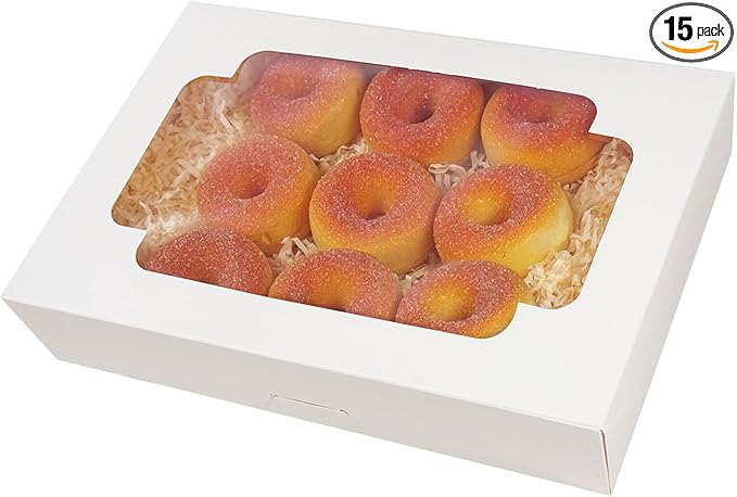 qiqee Auto-pop up 12x8x2.5 inch White Cookie Box with Window 15 Packs Two Uses One Second Folding Pastry Biscuit Bakery Box for Packaging