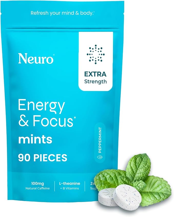 Neuro Energy & Focus Mints, Extra Strength - Sugar Free Breath Mints with 100mg Natural Caffeine, B Vitamins & L-Theanine - Vegan Brain Supplement for Exercise, Study & Daily Focus - Peppermint, 90 ct
