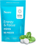 Neuro Energy & Focus Mints, Extra Strength - Sugar Free Breath Mints with 100mg Natural Caffeine, B Vitamins & L-Theanine - Vegan Brain Supplement for Exercise, Study & Daily Focus - Peppermint, 90 ct