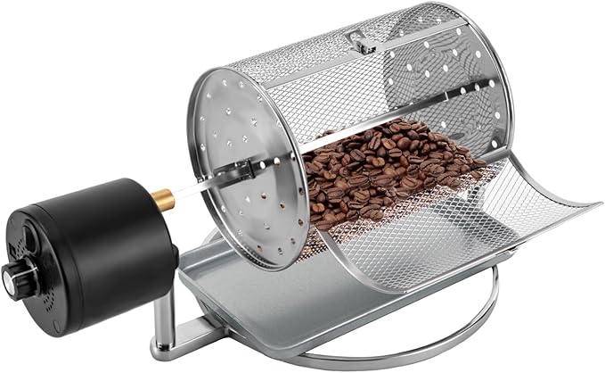 Coffee Roaster Machine for Home Use, Stainless Steel 14W Electric Coffee Roaster Machine with Tray, Speed Adjust, Auto-matic Nuts Coffee Bean Roaster Drum for Homes, Cafes, Hotels Silver