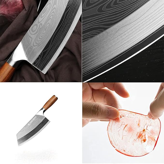 Cleaver Knife, Chinese Chef's slicing Knife, Razor sharp HC German Stainless Steel blade with lasered damascus pattern, pearwood Handle, Kitchen Gift