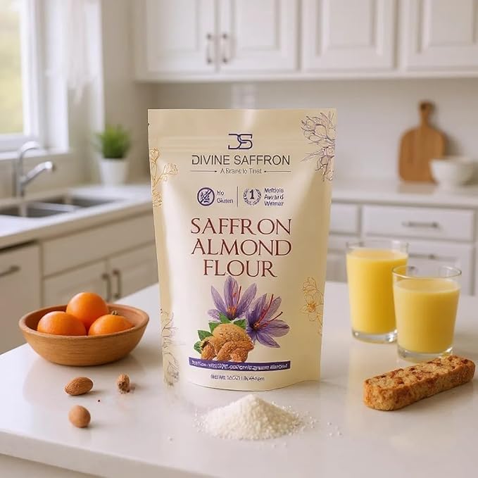 Divine Saffron – Premium Saffron Almond Flour | Gluten-Free, Award-Winning Blend | Made with 100% California Almonds & Pure Saffron | Perfect for Baking, Desserts & Gluten-Free Recipes | 16 oz (454 g)