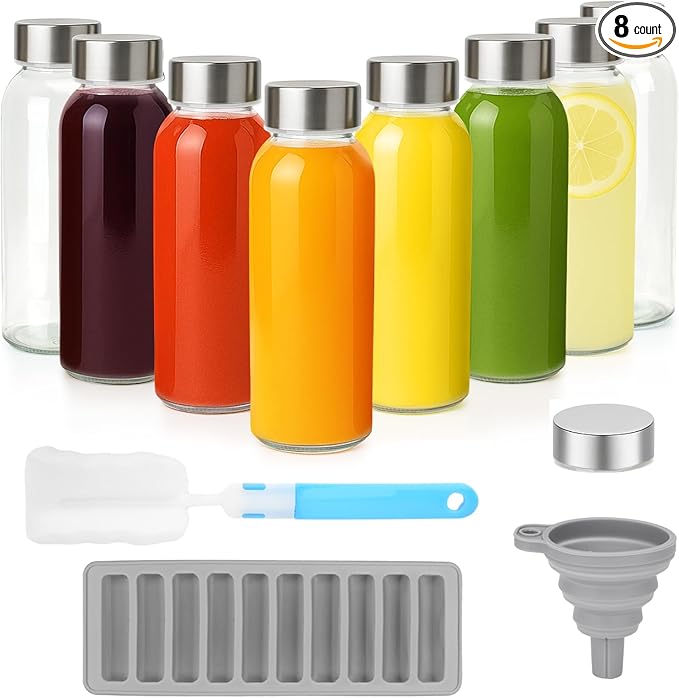 Zukro Glass Water Bottles with Lids 10 oz, Reusable Clear Juice Bottles With Stainless Steel Airtight Cap for Juicing, 100% Leak Proof Juice Drinking Jar for Ginger and Milk, BPA Free