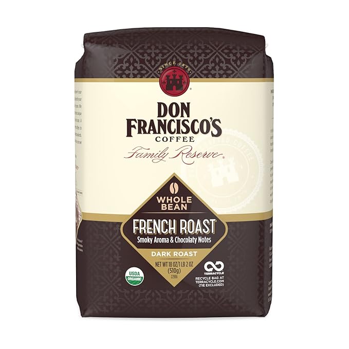 Don Francisco's Organic French Roast Whole Bean Coffee, Dark Roast – 100% Arabica, 18 oz Bag, Premium Coffee for Drip, Pour Over and French Press
