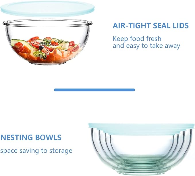 WhiteRhino 8 Piece Glass Bowls with Lids, Heat Resistant Glass Mixing Bowls Set (3.7QT, 2.1QT, 1.1QT, 0.53QT), Clear Salad Bowls with BAP-Free Lids for Kitchen, Oven Microwave Dishwasher Safe