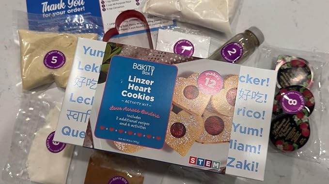 BāKIT Box Linzer Heart Cookies Baking and Activity Kit, Kids Heart Cookie Decorating Kit, International Snack Box of Cultural Learning and Fun Activities, Great for Kids Gifts