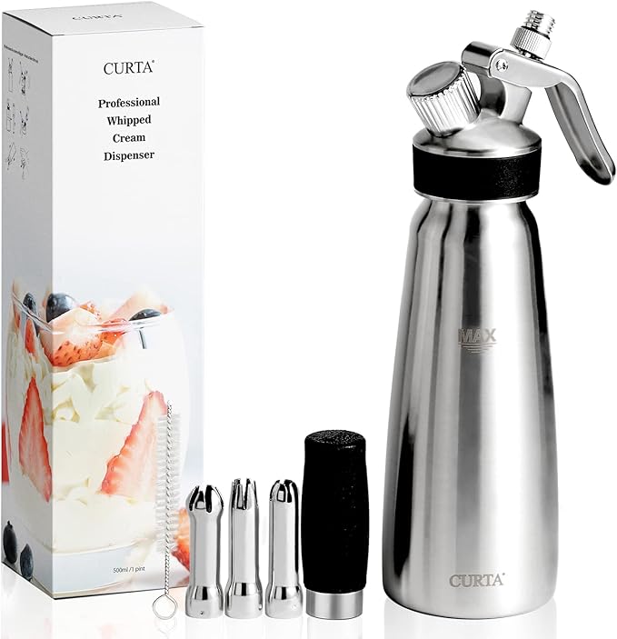 CURTA Stainless Steel Professional Whipped Cream Dispenser, Leak-Free Cream Whipper, Cream Maker with 3 Decorating Tips & Cleaning Brush, 500ml / 1 Pint Canister, N2O Charger (Not Included)