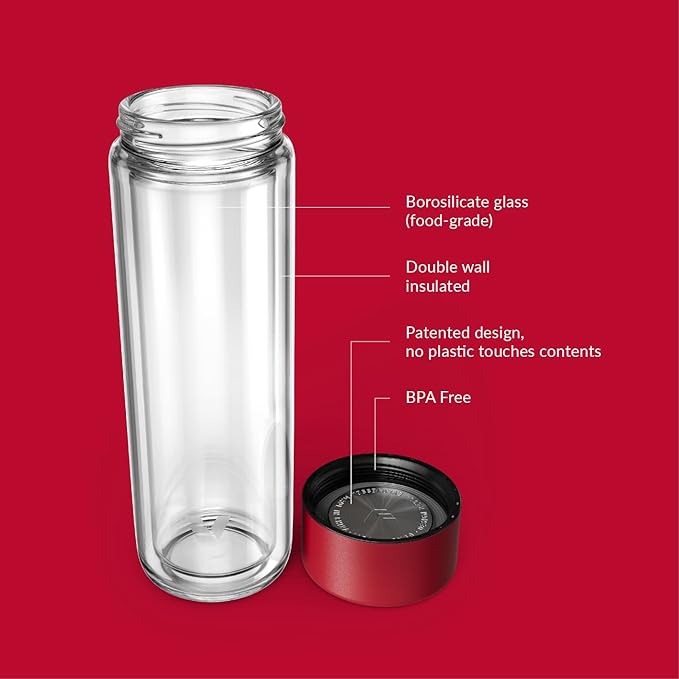 Glass Multi Tea Infuser Bottle 14oz - Double Wall Borosilicate Glass Flask | No Plastic Touches Contents | Perfect for Office or Home - Red
