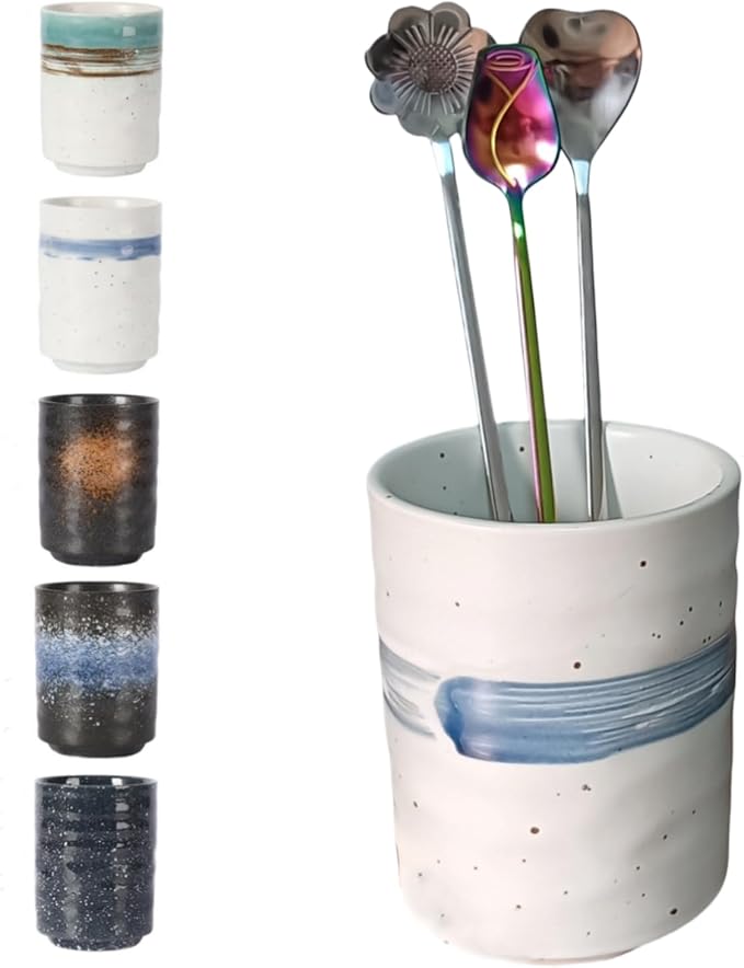 Stoneware Coffee Bar Utensil Holder Tea & Coffee Spoon & Stirrer Holder for Stir Stick Straw Teaspoon Holder Spoon Cup Small Utensil Jar (Blue feather)