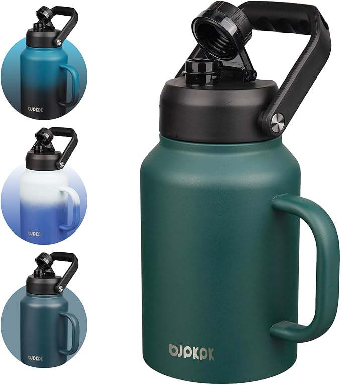 BJPKPK 64oz Insulated Water Bottle with Handle, Large Dishwasher Safe Half Gallon Water Bottle, BPA Free Water Jug, Wide Mouth Metal Water Bottle with Anti-slip Bottom, Keep Cold & Hot, Army Green