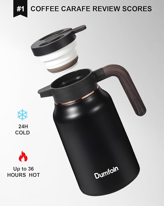 Carafes for Hot Liquids 51 oz - 12 Hour Stainless Steel Thermal Coffee Carafe-Insulated Coffee Carafes For Keeping Hot/Cold Coffee, Tea, Water, 1.5 Liter Beverage Dispenser(Black/Gold)