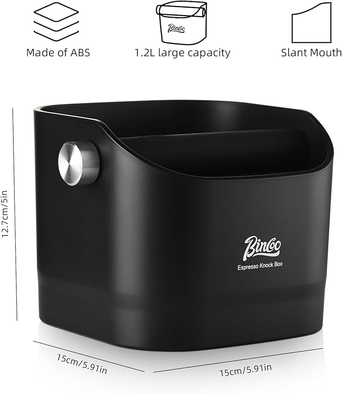 Espresso Knock Box - Bincoo Black Espresso Machine Knock Box/Espresso Grounds Knock Box, Barista Style Coffee Knock Box for Grounds with Removable Shock-Absorbent Knock Bar and Anti-Slip Base. (Black)