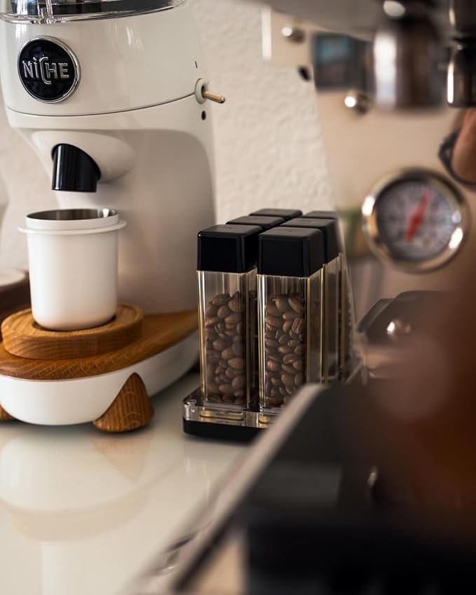 Normcore 6 Tubes Coffee Bean Cellars with Stand & Hopper - Single Dose Coffee Bean Vaults - Espresso Bean Storage Set - One-Way Exhaust Valve - Capacity 25-28g