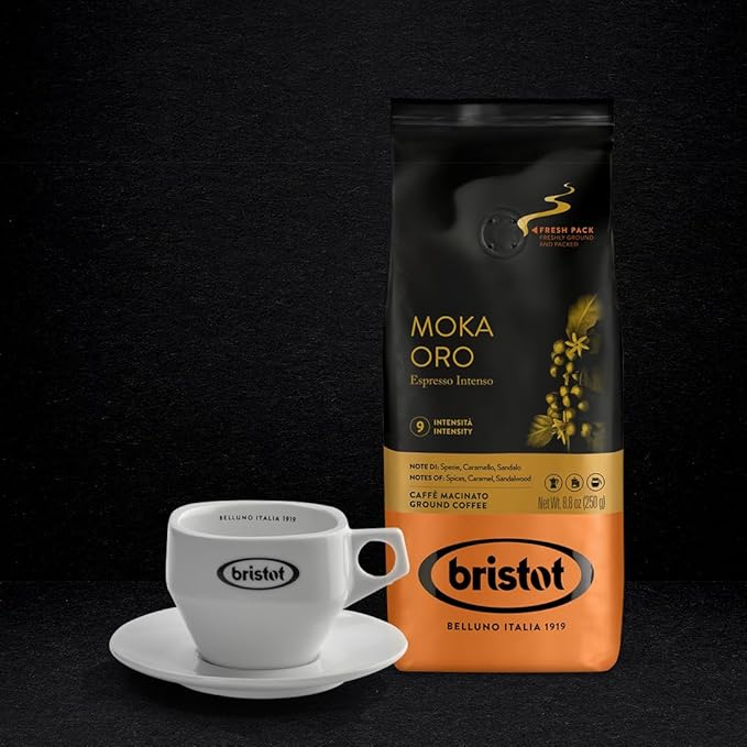Bristot Moka Oro Ground Coffee | Italian Ground Espresso | Medium Roast | For Moka, French Press, Pour Over | 8.8oz/250g (Pack of 2)