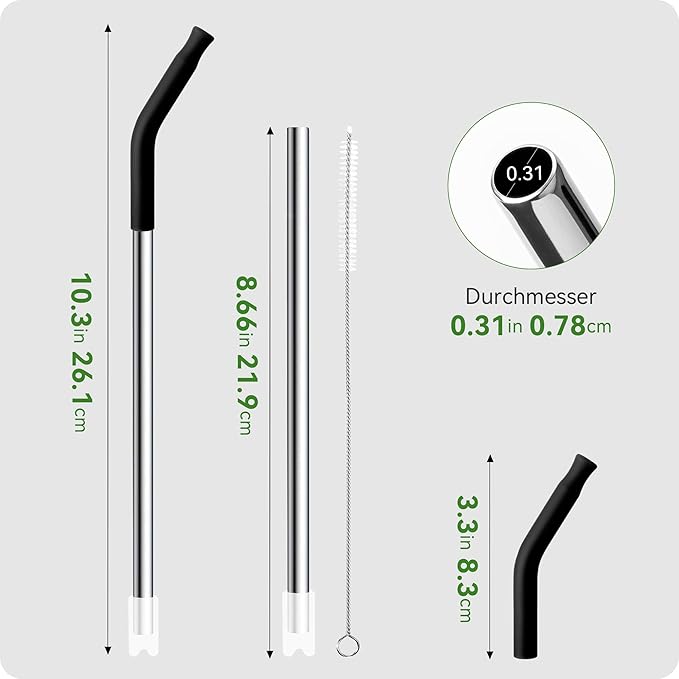 Snowfall 2 Pcs Replacement Metal Straws for Stanley 14 OZ, 20 OZ Tumbler, Stainless Steel Straws with Silicone Tip for 20 OZ Tumbler, Straw Brush (Black)