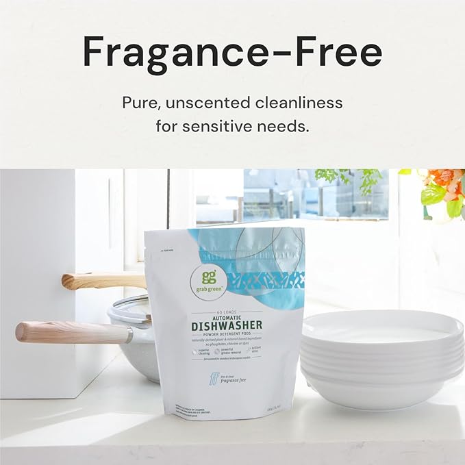 Grab Green Automatic Dishwashing Detergent Pods, 24 Count, Fragrance Free, Plant and Mineral Based, Superior Cleaning, Powerful Grease Removal, Brilliant Shine, Packaging May Vary