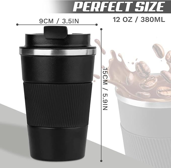 Vacuum-Insulated Stainless Steel Travel Coffee Mug, Leak-Proof Reusable Coffee Cup with Lid - Keep Hot & Cold Drinks for Hours, Durable Thermos Tumbler for Men & Women (3rd-Black, 12OZ)