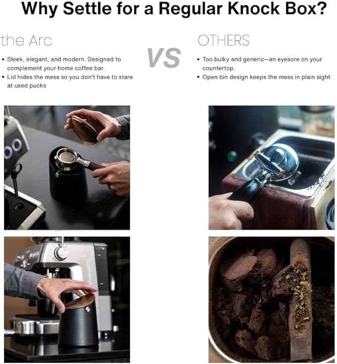 CREMA Coffee Products Arc Knock Box | Holds 12–16 Espresso Pucks| Durable,Stain-ResistantBuild withNon-Slip Base|Elegant WalnutPlastic Lid Design| EasyClean-Up &Moisture Control|Black Finish
