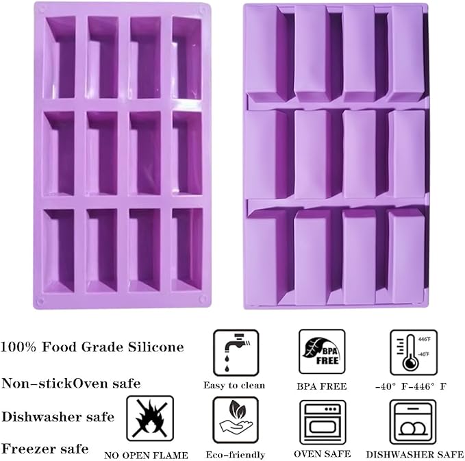 2Pcs oat bar mold - 12rectangle silicone molds - Chocolate silicone mold for baking candies/energy bars, cheesecake, dried fruit cereal cookies (2, purple)