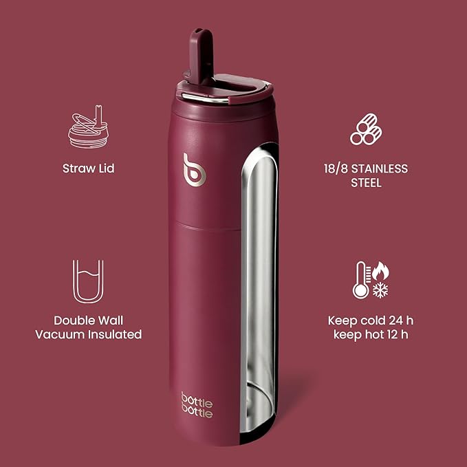 BOTTLE BOTTLE Stainless Steel Water Bottle with Straw and Lid, 32 oz Vacuum Insulated Cup,Stay Cold and Hot， Leak-Proof Wide Mouth Sports Water Bottles red