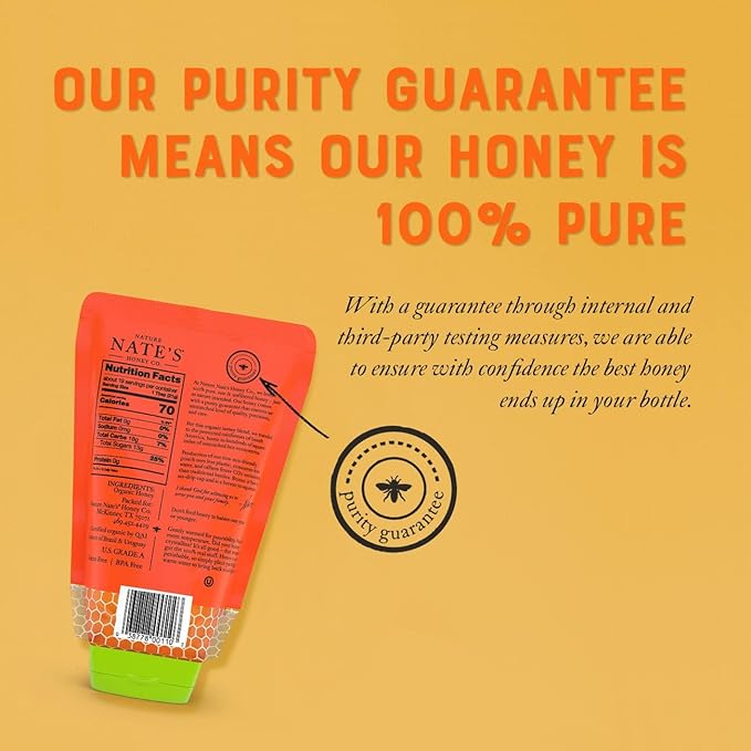 Nature Nate's 100% Pure USDA Organic Raw & Unfiltered Honey, 14 oz. No-Drip Sustainable Squeeze Pouch; Purity Guarantee, No Additives