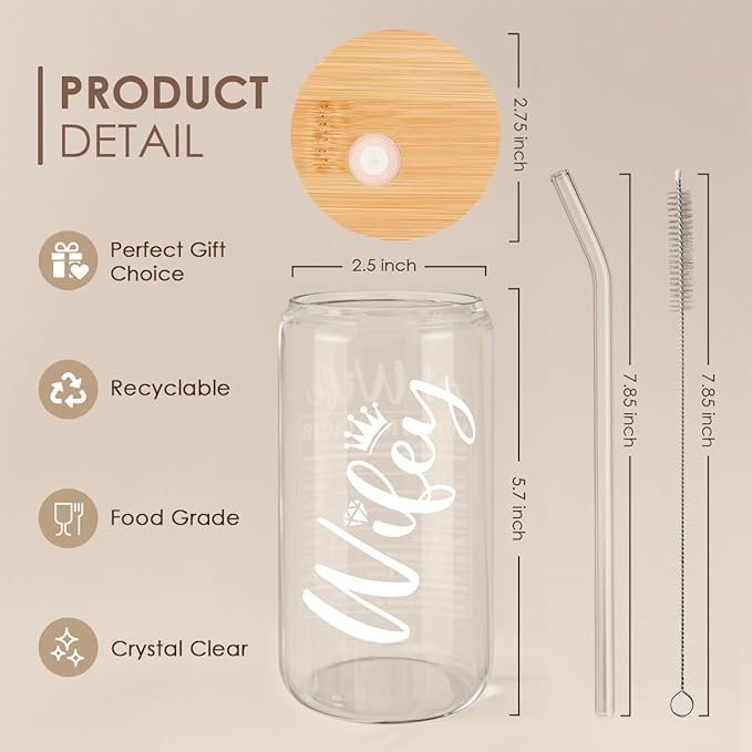 SANDJEST Wife Glass Can, Wifey Cup with Lid & Straw, Iced Coffee Aesthetic Cups, Idea Gift for Christmas Marriage Birthday Anniversary Valentine, Gifts for Women, 16oz
