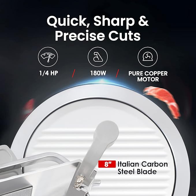 Toogood 8" Commercial Slicer, 1/4 HP Electric Meat Slicer, Italian Carbon Steel Blade, Quiet Performance, Semi-frozen Meat/Cheese/Food Slicer, 0.5mm to 15mm Adjustable Slicing Thickness