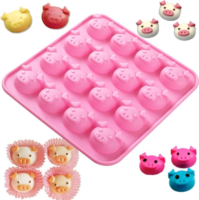 Newk Piggy Chocolate Silicone Mold, 4 Packs 16- Cavity Pig Face Emoticons Piglet Candy Molds for Jelly, Fondant, Hard Candy, Keto Fat Bombs, Resin