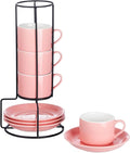 4oz Porcelain Stackable Espresso Cups with Saucers and Metal Stand Set of 4, Stackable Cappuccino Cups, Pink Expresso Shots Cup Set for Coffee Drinks, Latte, Americano, Tea