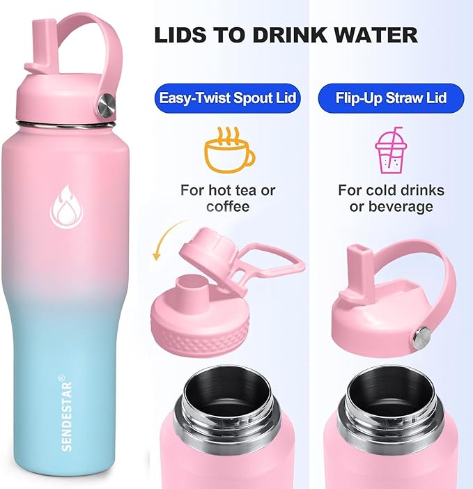 SENDESTAR 32oz Water Bottle Wide Mouth Stainless Steel Vacuum Insulated Double Wall with 2 Straw Lids Fit in Any Car Cup Holder TXIN-32-PB-1