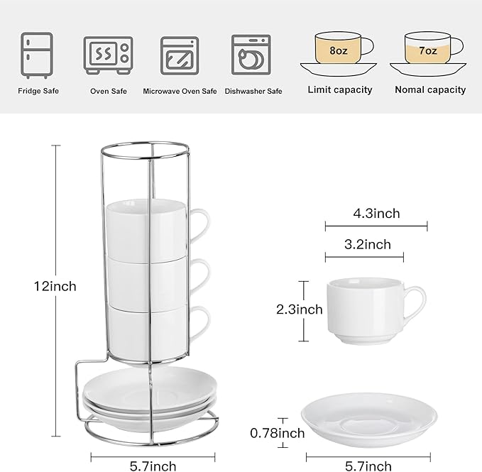8 Ounce Porcelain Cappuccino Cups with Saucers and Silver Stand, White Cups Set of 4