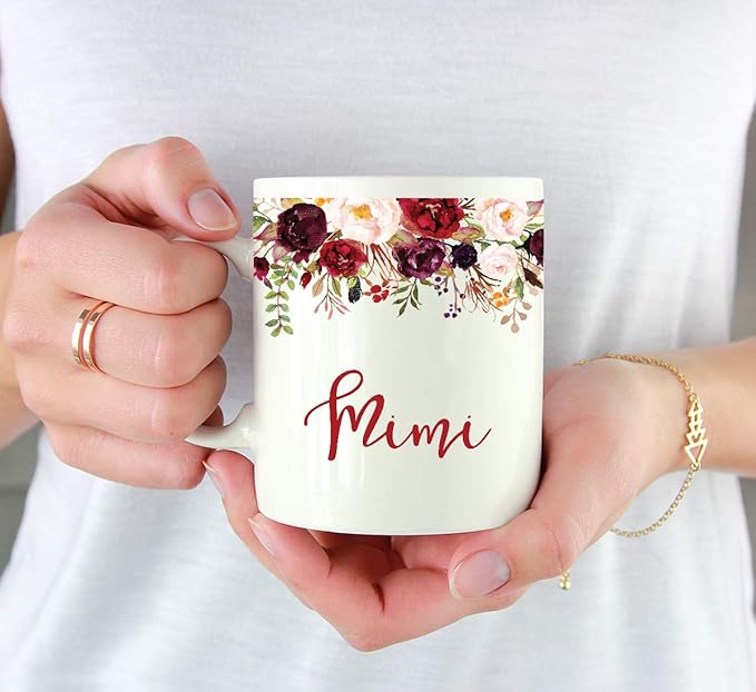 Andaz Press 11oz. Mother's Day Ceramic Coffee Tea Mug Gift, Fall Autumn Marsala Burgundy Flowers Roses Florals, Mimi, 1-Pack, Includes Gift Box, Birthday Christmas Gift Ideas