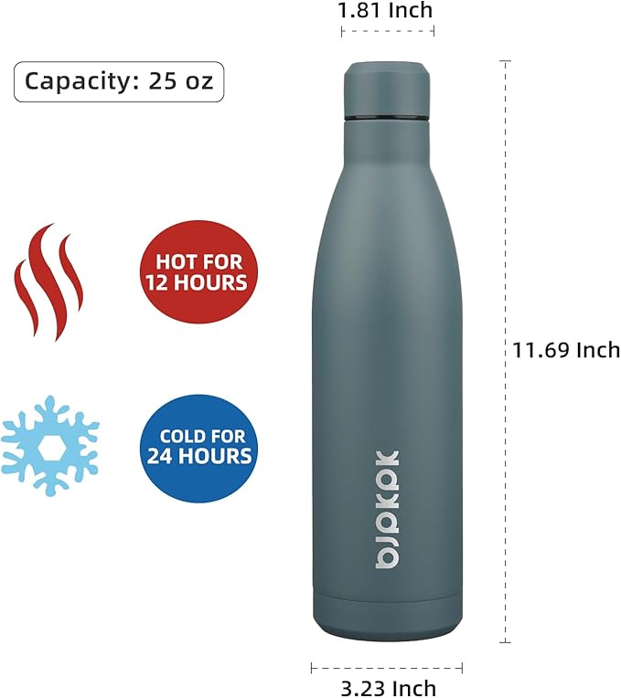 BJPKPK 25oz Insulated Water Bottle Double Wall Vacuum Insulated Stainless Steel Water Bottles for Spots Keep Cold and Hot,Dark Grey