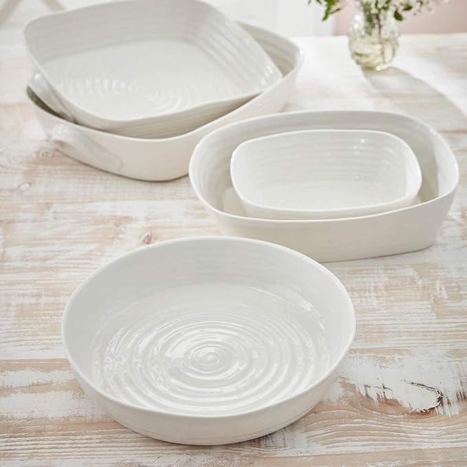 Portmeirion Sophie Conran 11" Round Roasting Dish, Porcelain Casserole Baking Dish, Dishwasher, Microwave, Freezer, Oven Safe, Versatile Cookware for Roasting, Baking, and Serving (White)