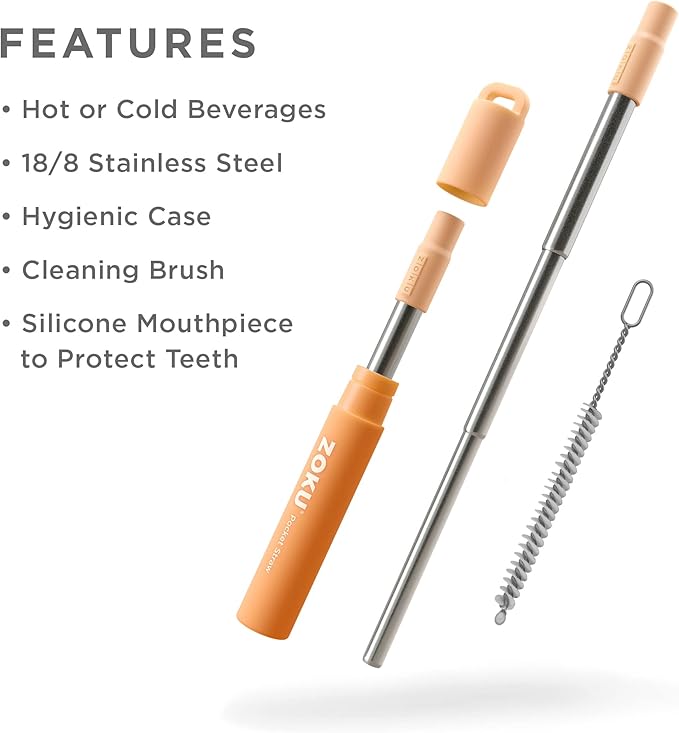 ZOKU Reusable Metal Straw with Case for Travel, Orange - Collapsible Stainless Steel Drinking Straw with Silicone Tip and Cleaner Brush, Ideal for Key Chains, Pockets, Purses