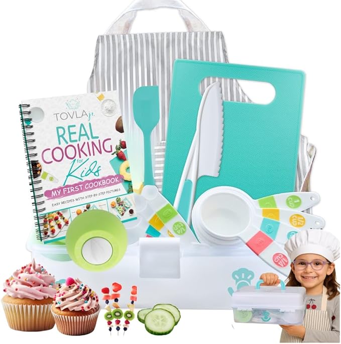Tovla Jr. Kids Real Cooking Set | Cooking Tools for Kids Ages 5–12 | Montessori-Inspired Beginner Kitchen Kit with Visual Recipe Cookbook & Storage Case | Christmas & Birthday Gift for Boys & Girls