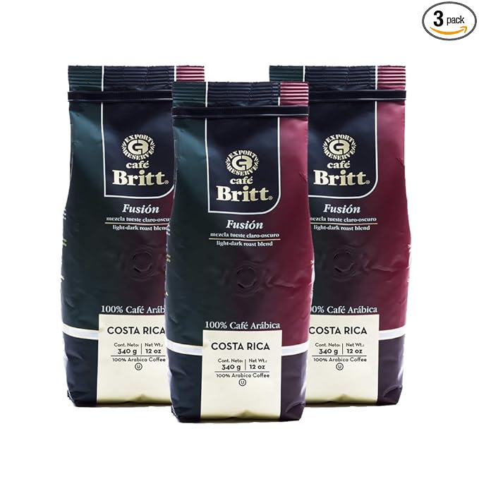 Café Britt® - Costa Rican Fusion Coffee (12 oz.) (3-Pack) - Whole Bean, Arabica Coffee, Kosher, Gluten Free, 100% Gourmet & Medium Dark Roast