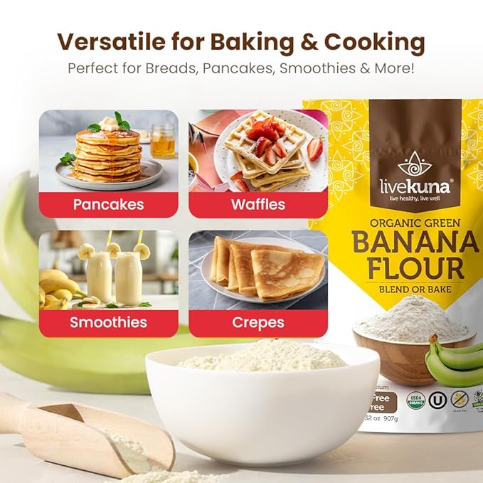 LiveKuna Organic Banana Flour - Gluten Free All Purpose Flour Alternative For Baking & Cooking Recipes - Grain Free Vegan Banana Flour, Rich In Fiber & Vitamins for Keto & Paleo Diets, 32oz Bag