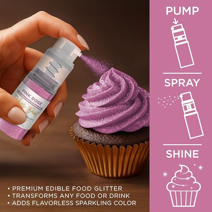 Bakell - Pink Rose Tinker Dust (4g, 1x Mini Spray Pump) Edible Glitter for Food, Desserts, and Beverages!