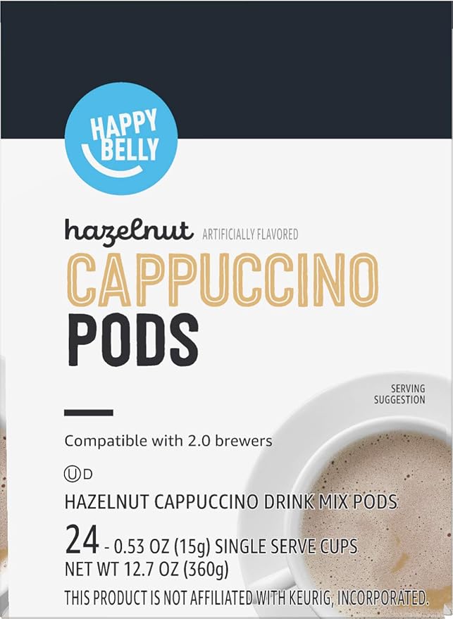 Amazon Brand - Happy Belly Light Roast Cappuccino Coffee Pods, Hazelnut Flavored, Compatible with K-Cup Brewers, 24 Count (Pack of 2)