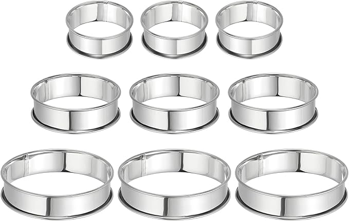 HARFINGTON 9pcs Crumpet Rings 2.36" 3.15" 3.94" Nonstick Round Cake Ring Stainless Steel Double Rolled English Pastry Rings for Kitchen Baking Crumpet Dessert, Silver