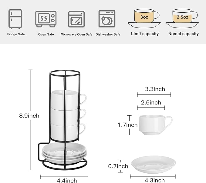 YOLIFE 2.5oz Porcelain Stackable Espresso Cups with Saucers and Metal Stand Set of 4, Stackable Cappuccino Cups, White Expresso Shots Cup Set for Coffee Drinks, Latte, Tea