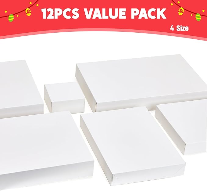 JOYIN 12PCS 17" Christmas Shirt Gift Boxes with Lid for Presents, Extra Large 4" Deep White Paper Box, 4 Assorted Different Size Robe Box for Clothes, Xmas Birthday Holiday Wedding Gift Wrapping Decor